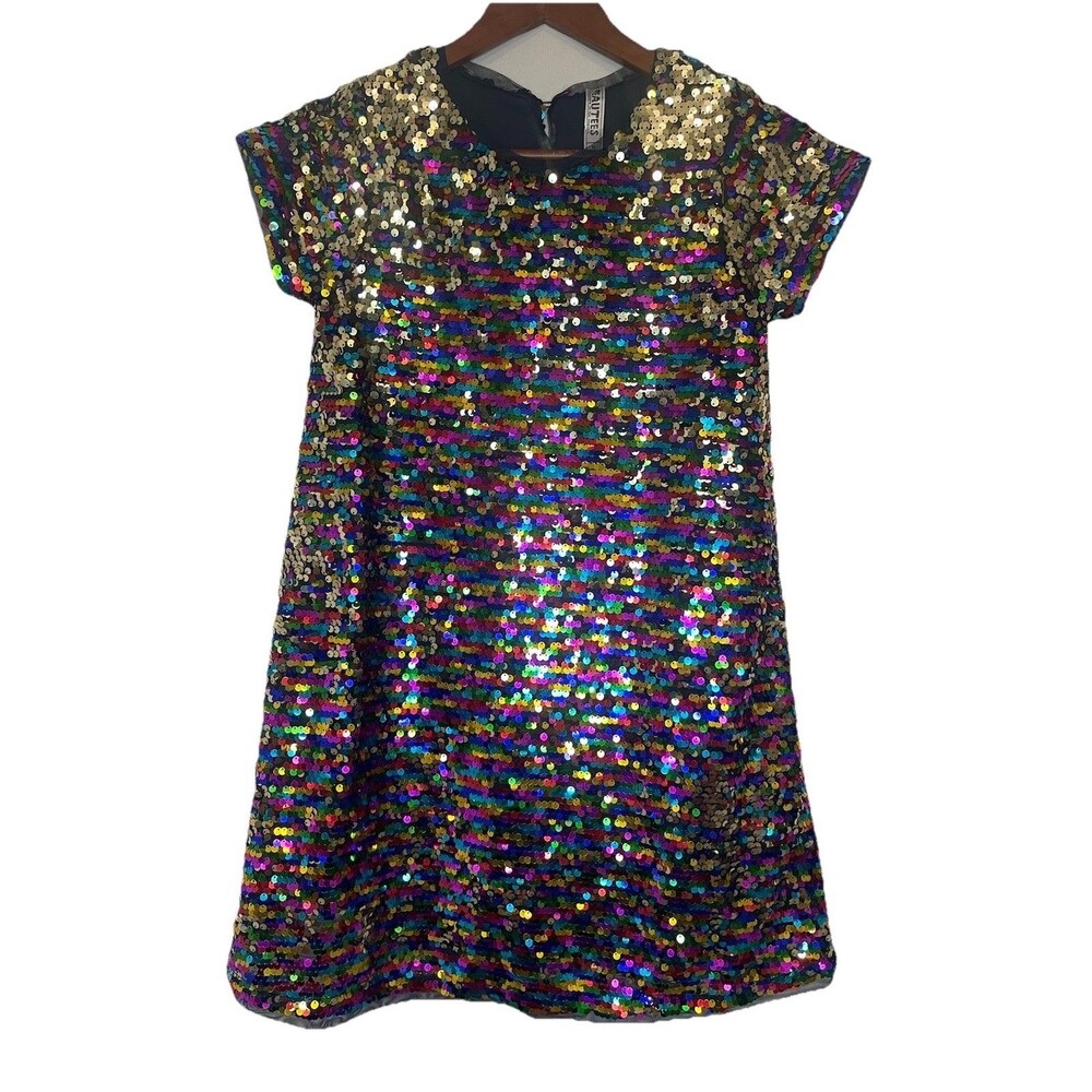 Beautees Girls Youth Sz 10 Sequin Mini Short Sleeve Dress Colorful Gold